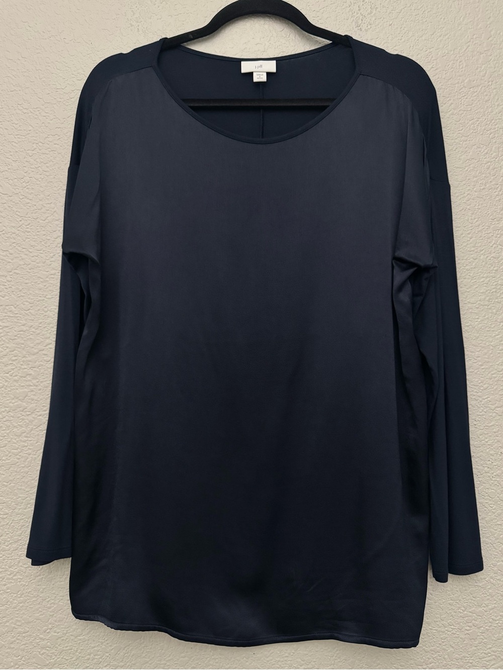 J.Jill Silky Feel Satin Front Top Long Sleeve‎ Pullover Navy Blue Petite Small